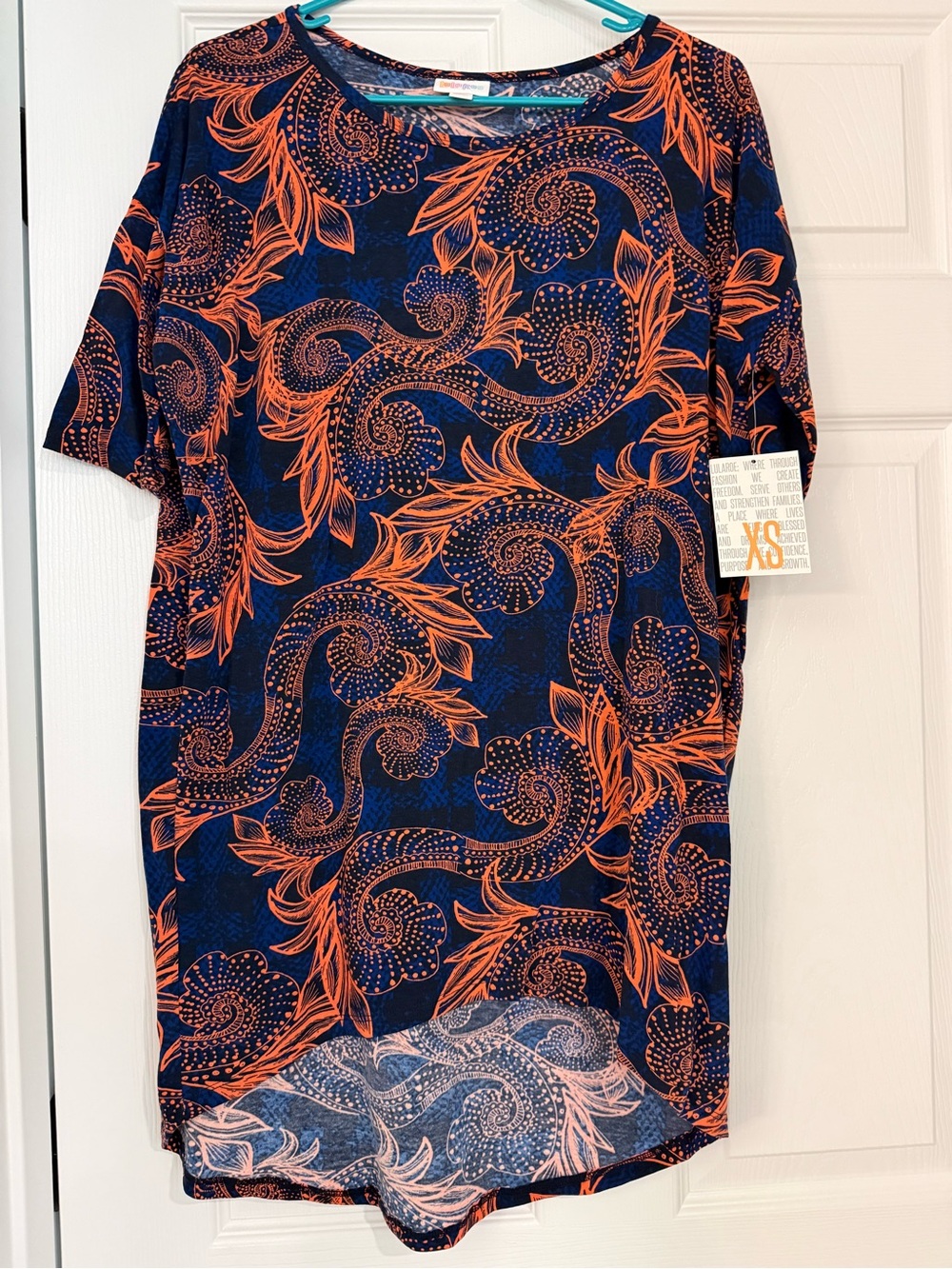 LuLaRoe Irma Navy and Orange Patterned